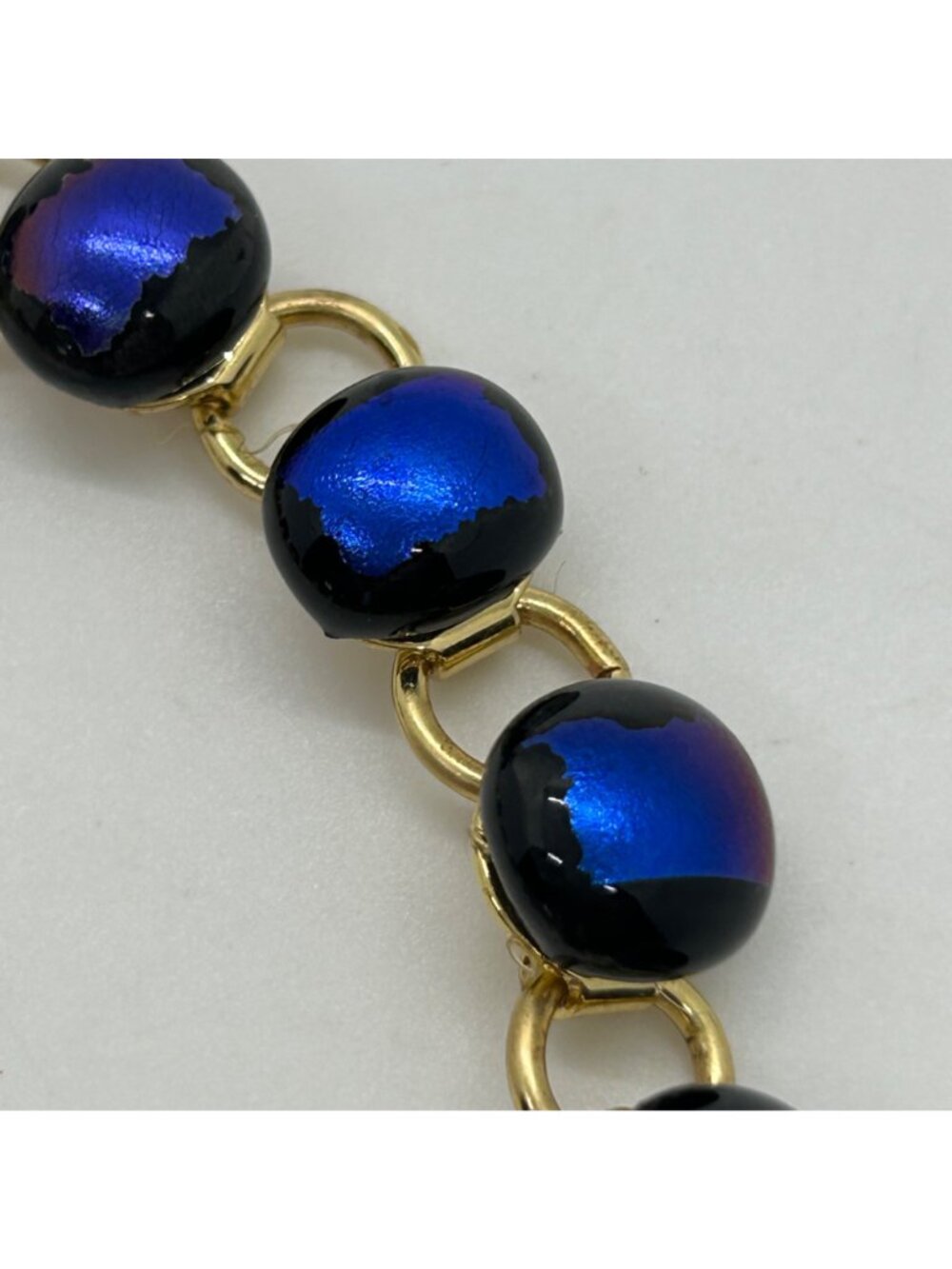 Vintage Gold-Tone Bracelet With Iridescent Dichroic Glass Beads Blue Purple - Picture 4 of 16
